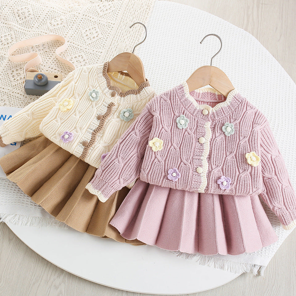 Conjunto Infantil Feminino de Tricô Florzinhas