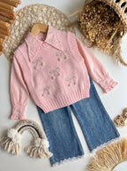 Conjunto Infantil Deluxe Rosa - Colete Tricô, Camisa e Calça Jeans Wide Leg
