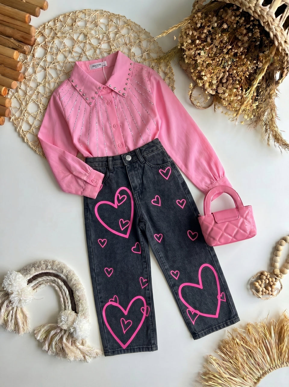Conjunto Infantil Menina Camisa Strass Rosa e Calça Jeans Black Corações