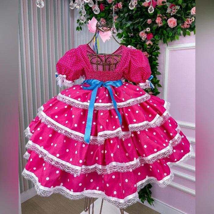 Vestido de Festa Junina Infantil Luxo Rosa com Tule e Fitinhas