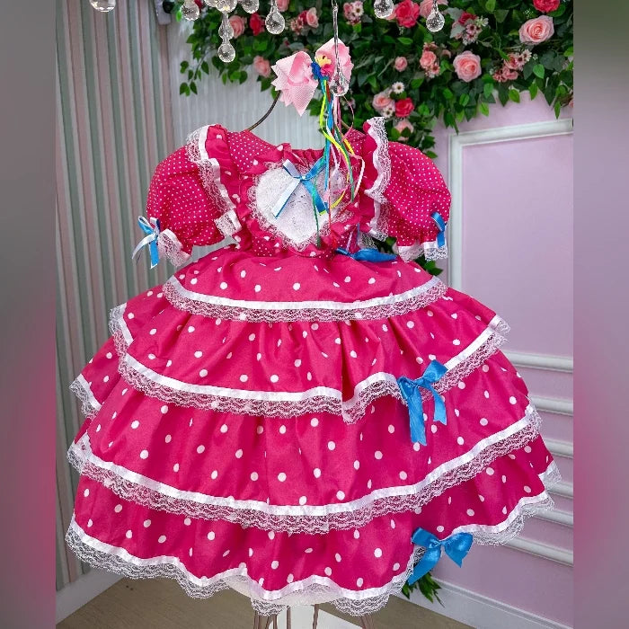 Vestido de Festa Junina Infantil Luxo Rosa com Tule e Fitinhas
