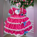 Vestido de Festa Junina Infantil Luxo Rosa com Tule e Fitinhas