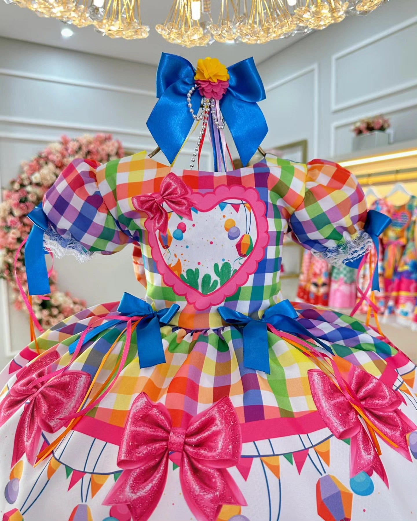 Vestido de Festa Junina Infantil Luxo Rosa com Tule e Fitinhas