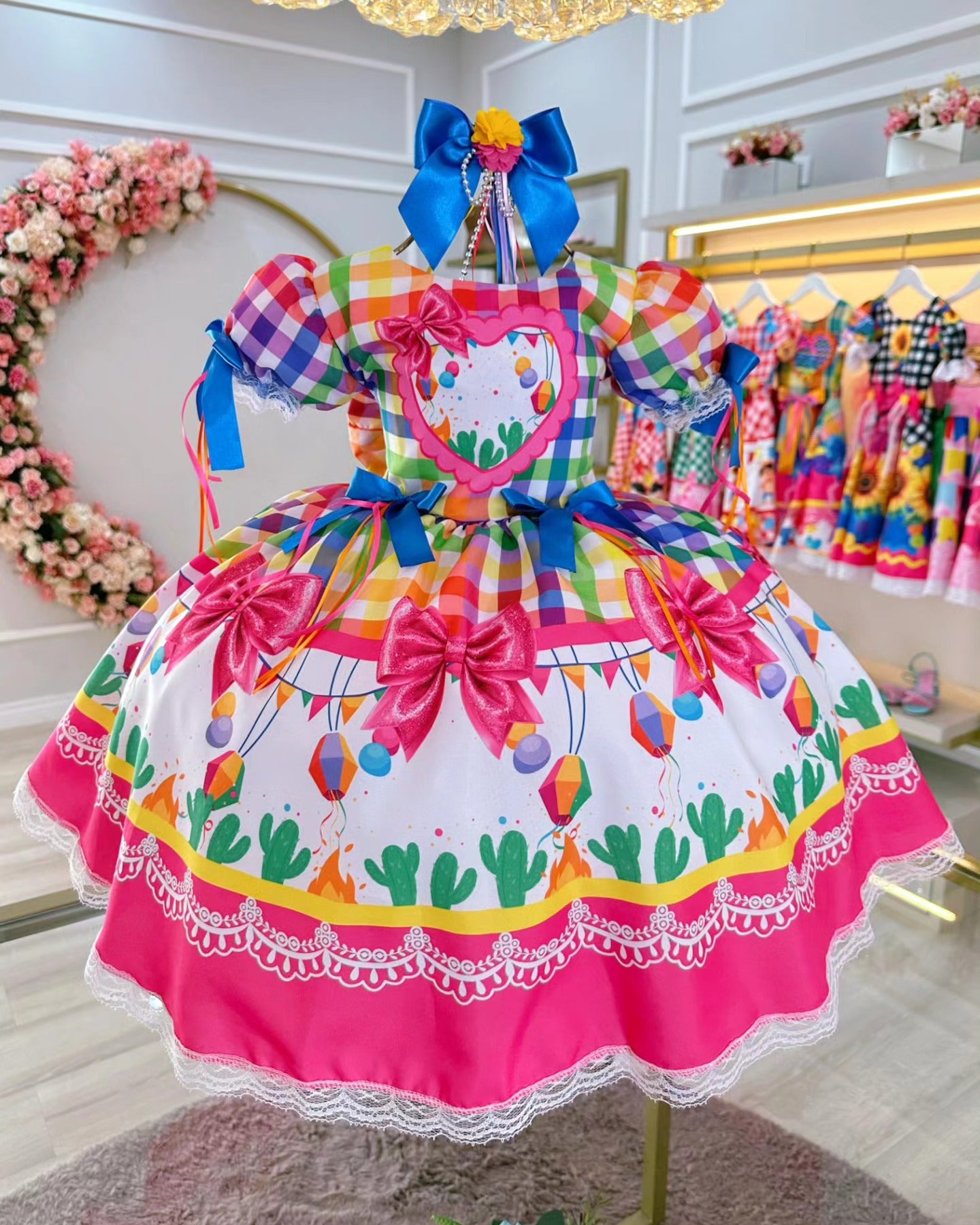 Vestido de Festa Junina Infantil Luxo Rosa com Tule e Fitinhas