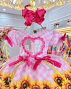 Vestido de Festa Junina Infantil Luxo Rosa com Tule e Fitinhas
