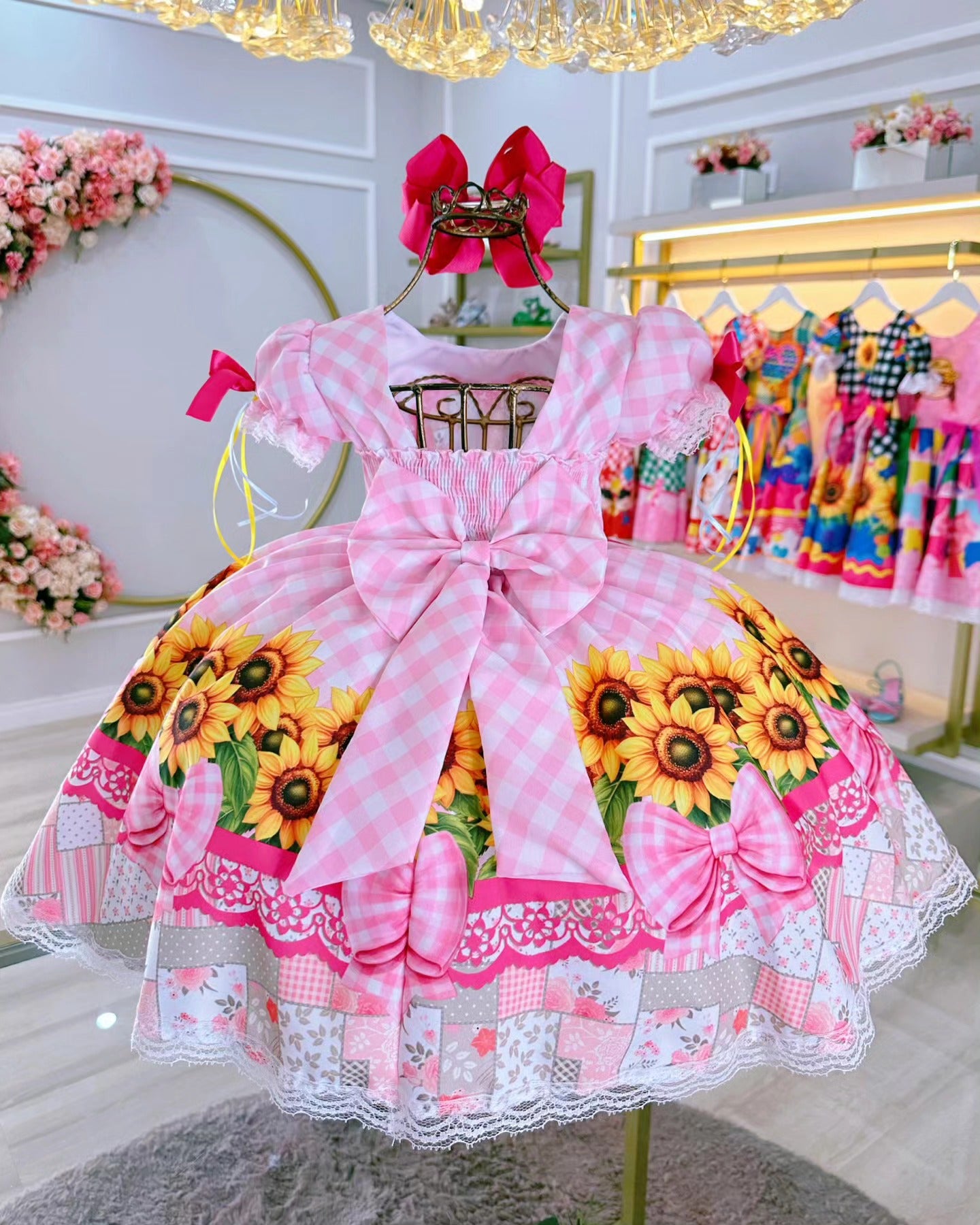 Vestido de Festa Junina Infantil Luxo Rosa com Tule e Fitinhas
