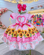 Vestido de Festa Junina Infantil Luxo Rosa com Tule e Fitinhas