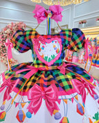 Vestido de Festa Junina Infantil Luxo Rosa com Tule e Fitinhas