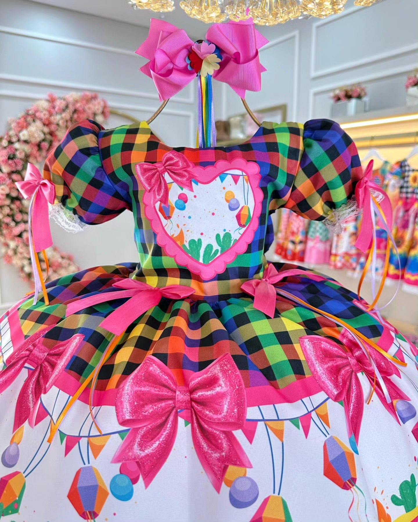 Vestido de Festa Junina Infantil Luxo Rosa com Tule e Fitinhas