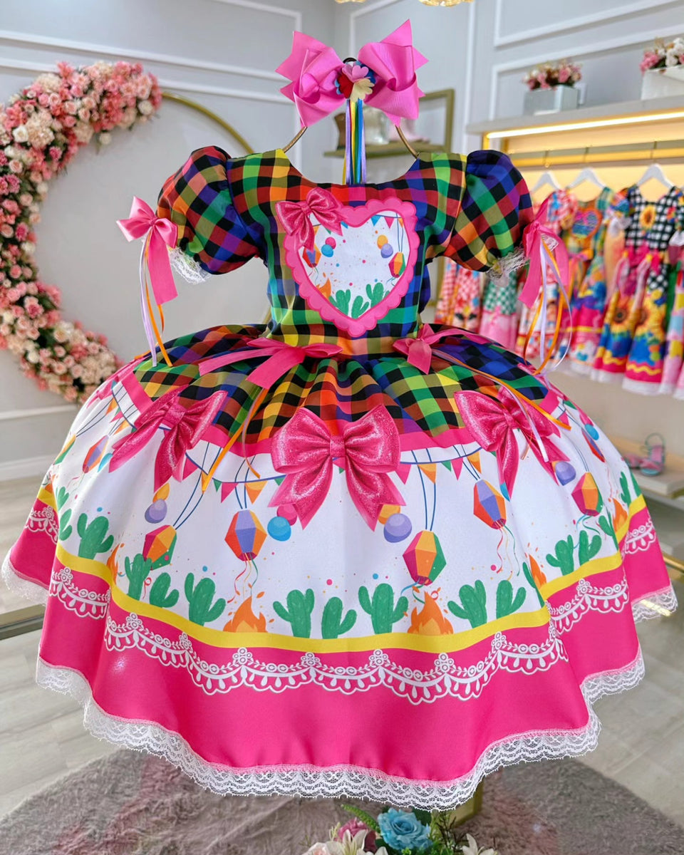 Vestido de Festa Junina Infantil Luxo Rosa com Tule e Fitinhas
