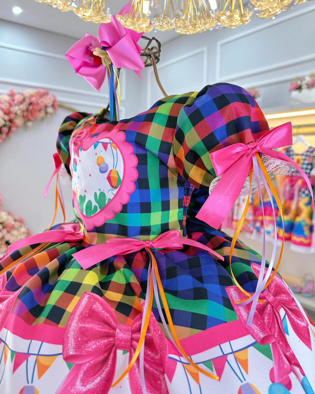 Vestido de Festa Junina Infantil Luxo Rosa com Tule e Fitinhas