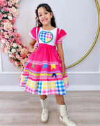 Vestido de Festa Junina Infantil Luxo Rosa com Tule e Fitinhas
