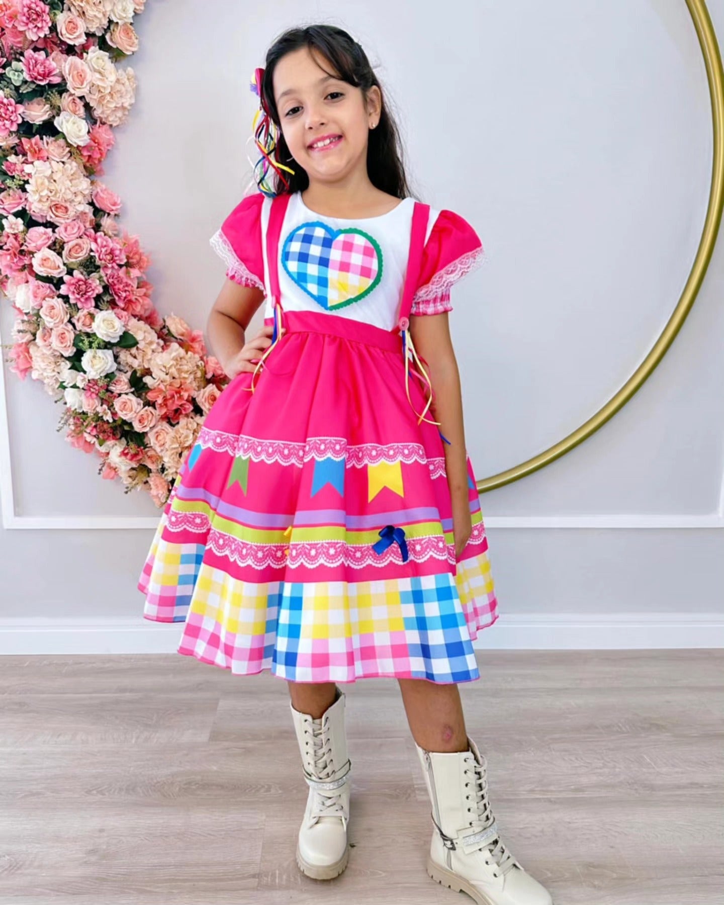 Vestido de Festa Junina Infantil Luxo Rosa com Tule e Fitinhas