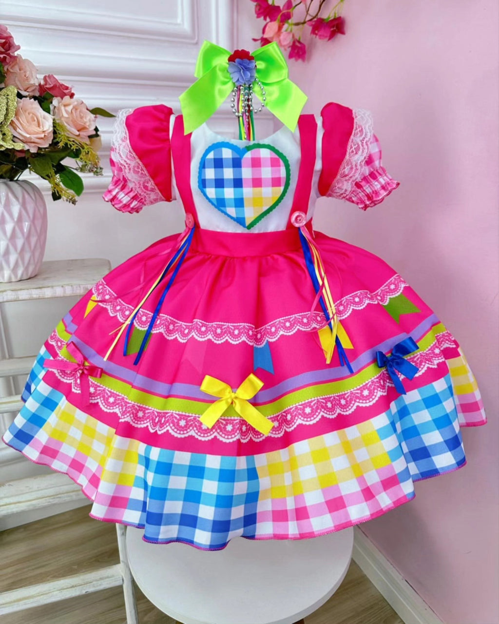Vestido de Festa Junina Infantil Luxo Rosa com Tule e Fitinhas