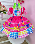Vestido de Festa Junina Infantil Luxo Rosa com Tule e Fitinhas