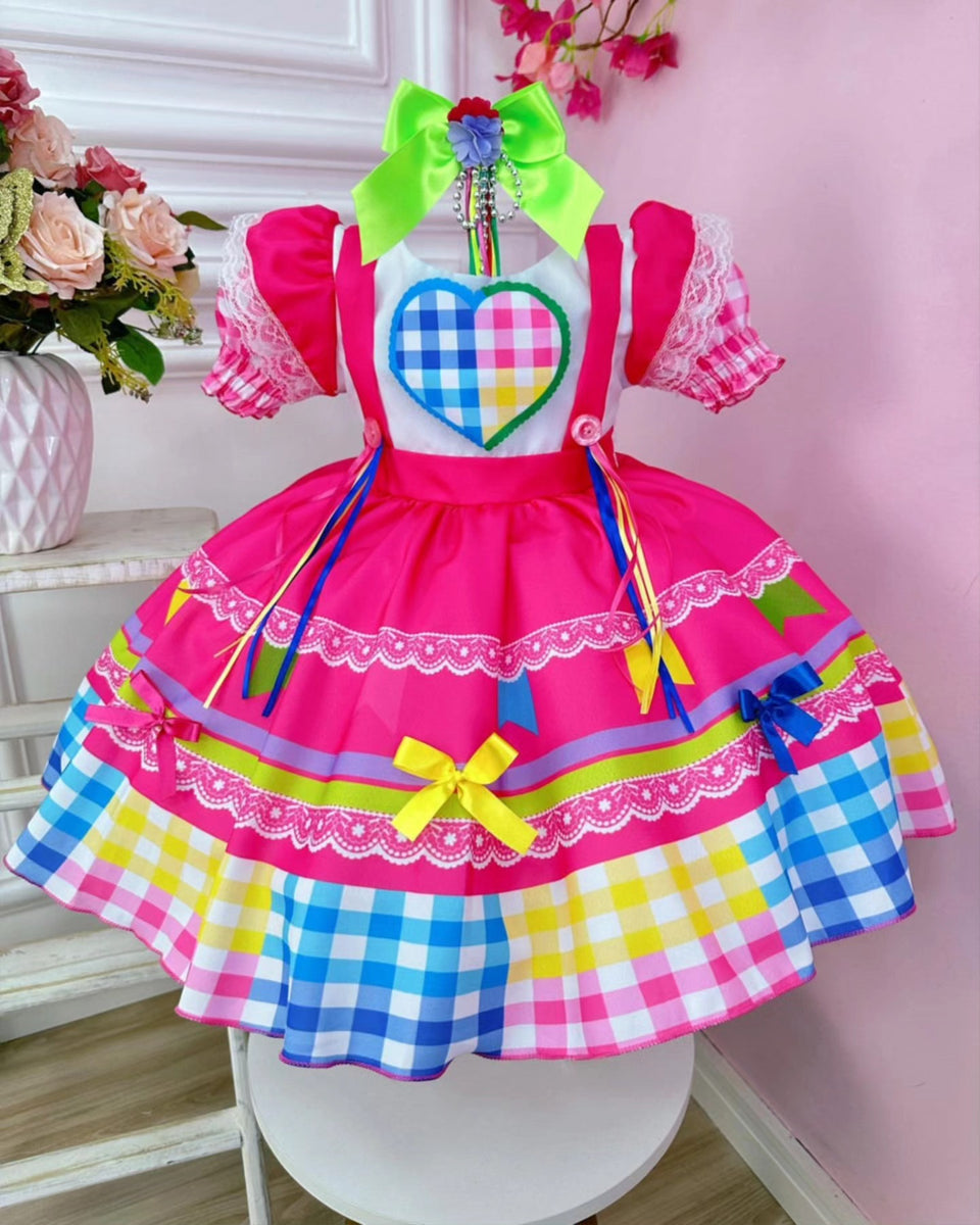 Vestido de Festa Junina Infantil Luxo Rosa com Tule e Fitinhas