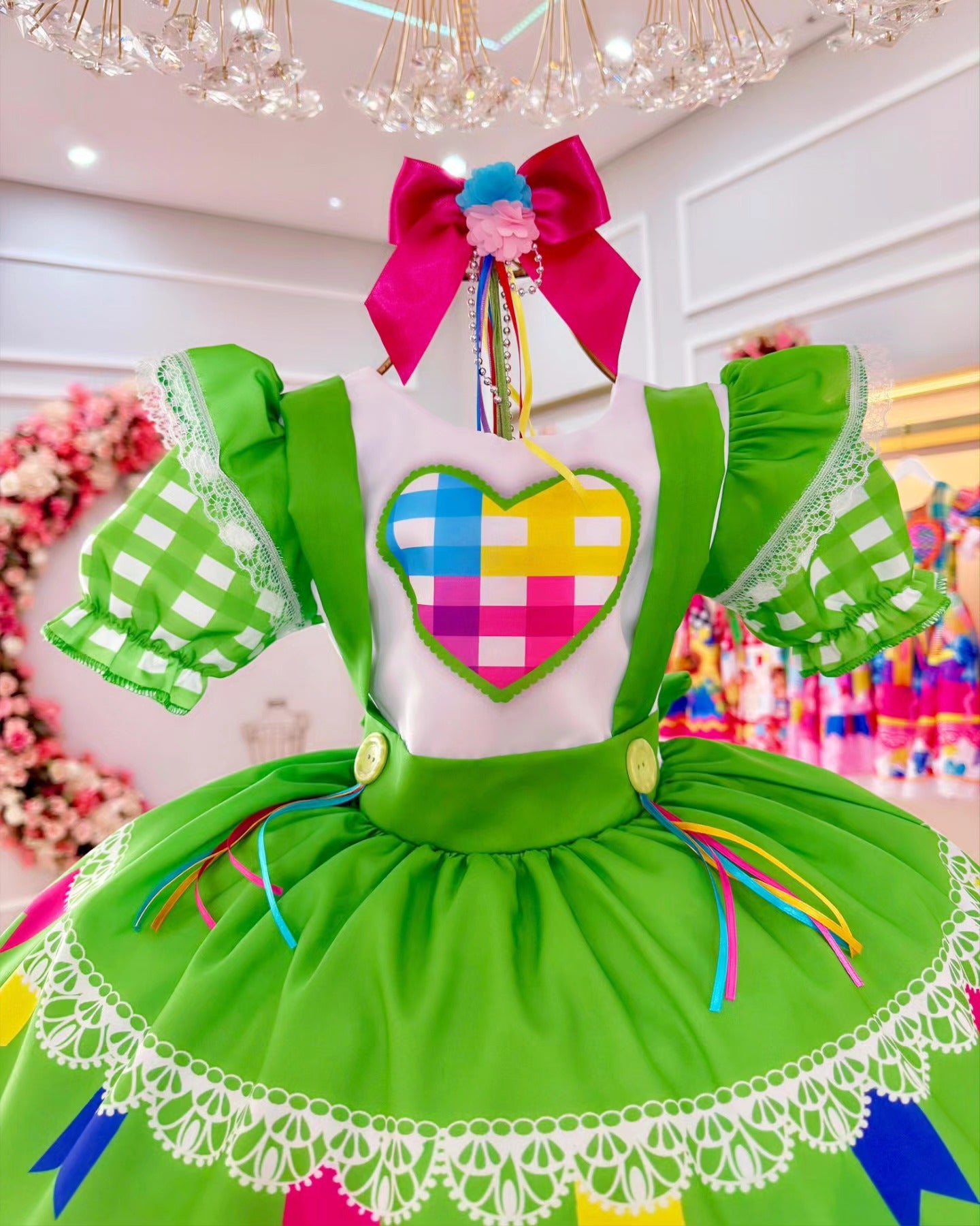 Vestido de Festa Junina Infantil Luxo Rosa com Tule e Fitinhas