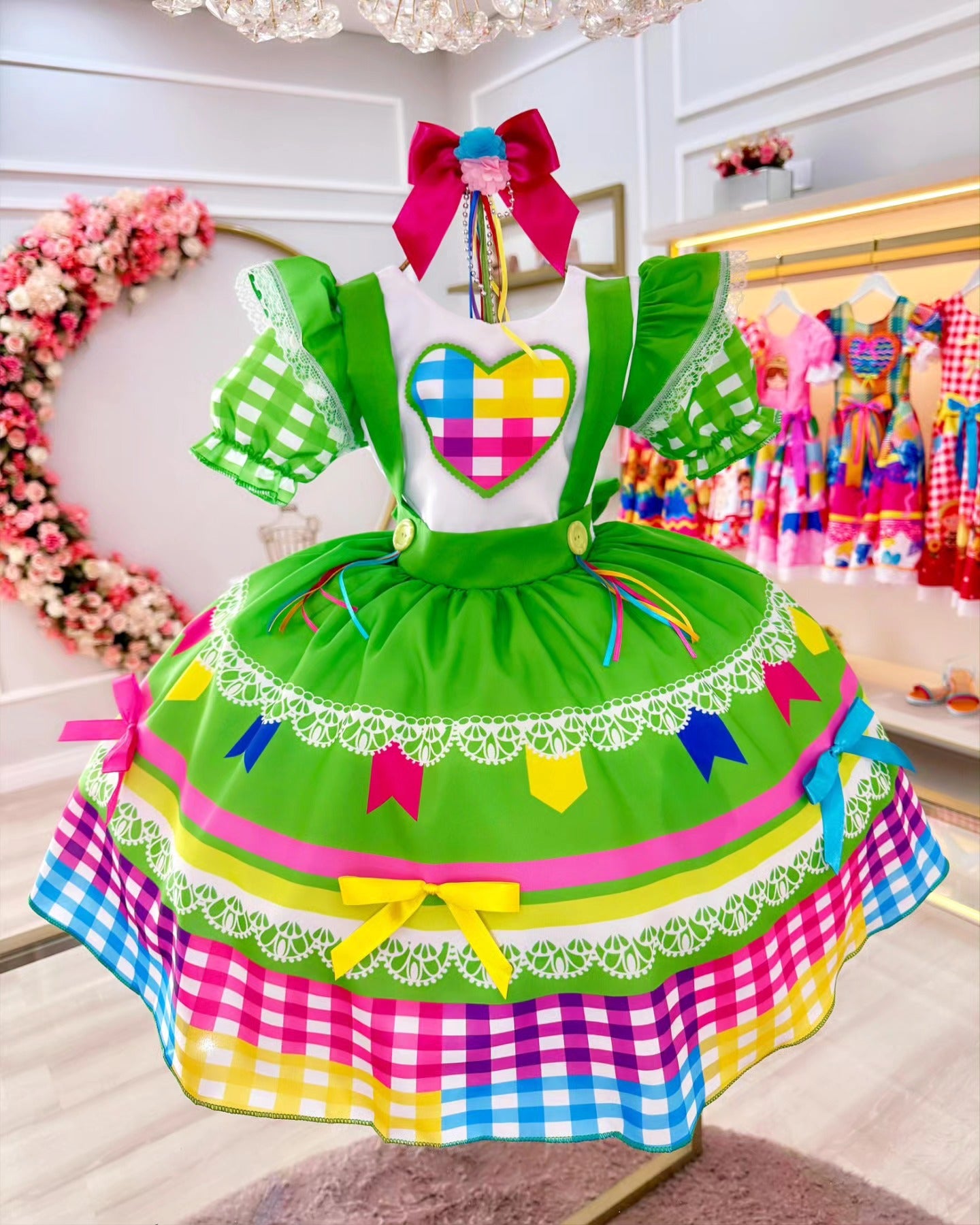 Vestido de Festa Junina Infantil Luxo Rosa com Tule e Fitinhas
