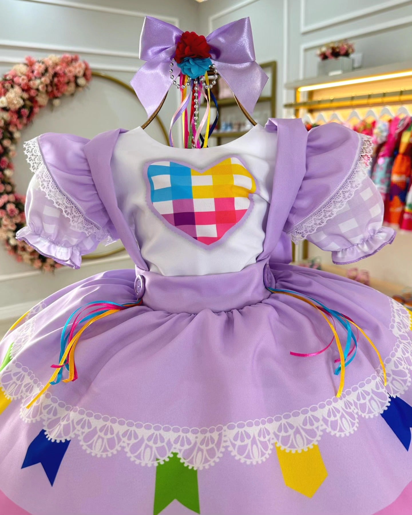 Vestido de Festa Junina Infantil Luxo Rosa com Tule e Fitinhas