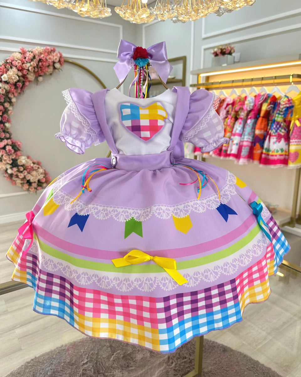 Vestido de Festa Junina Infantil Luxo Rosa com Tule e Fitinhas