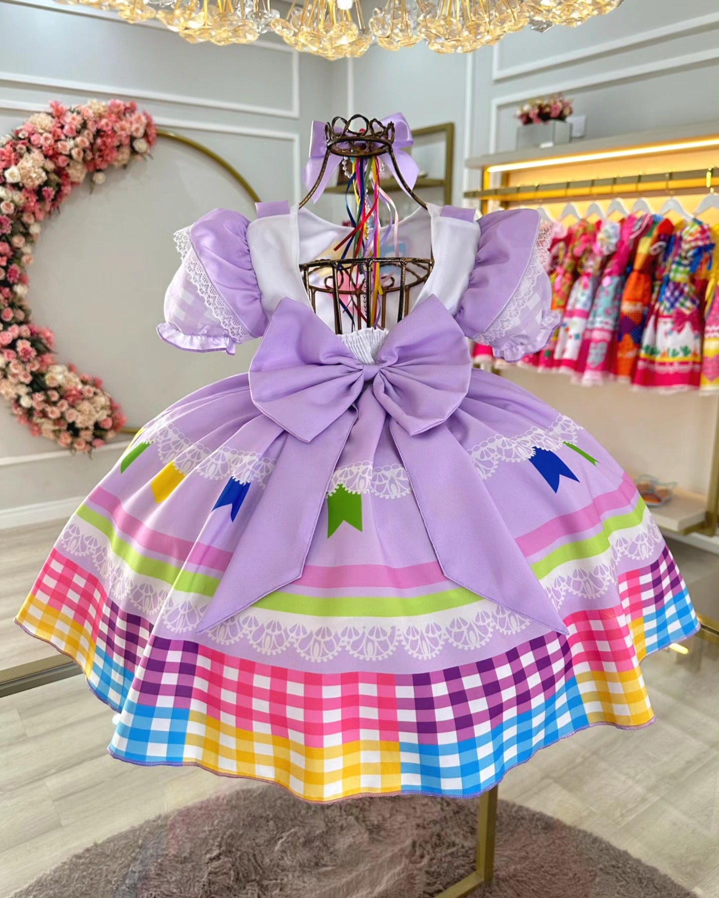 Vestido de Festa Junina Infantil Luxo Rosa com Tule e Fitinhas