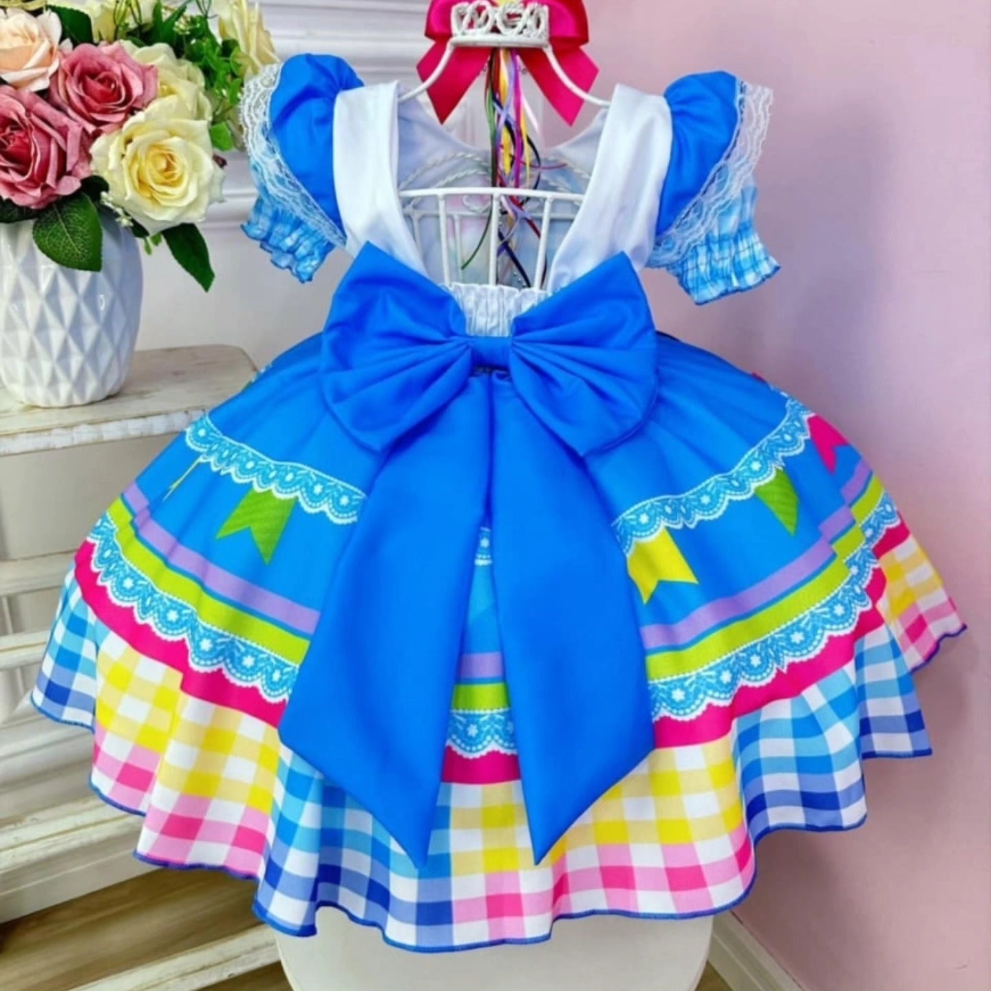 Vestido de Festa Junina Infantil Luxo Rosa com Tule e Fitinhas