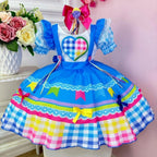 Vestido de Festa Junina Infantil Luxo Rosa com Tule e Fitinhas
