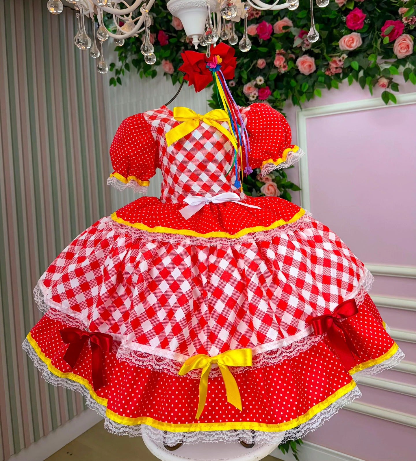Vestido de Festa Junina Infantil Luxo Rosa com Tule e Fitinhas
