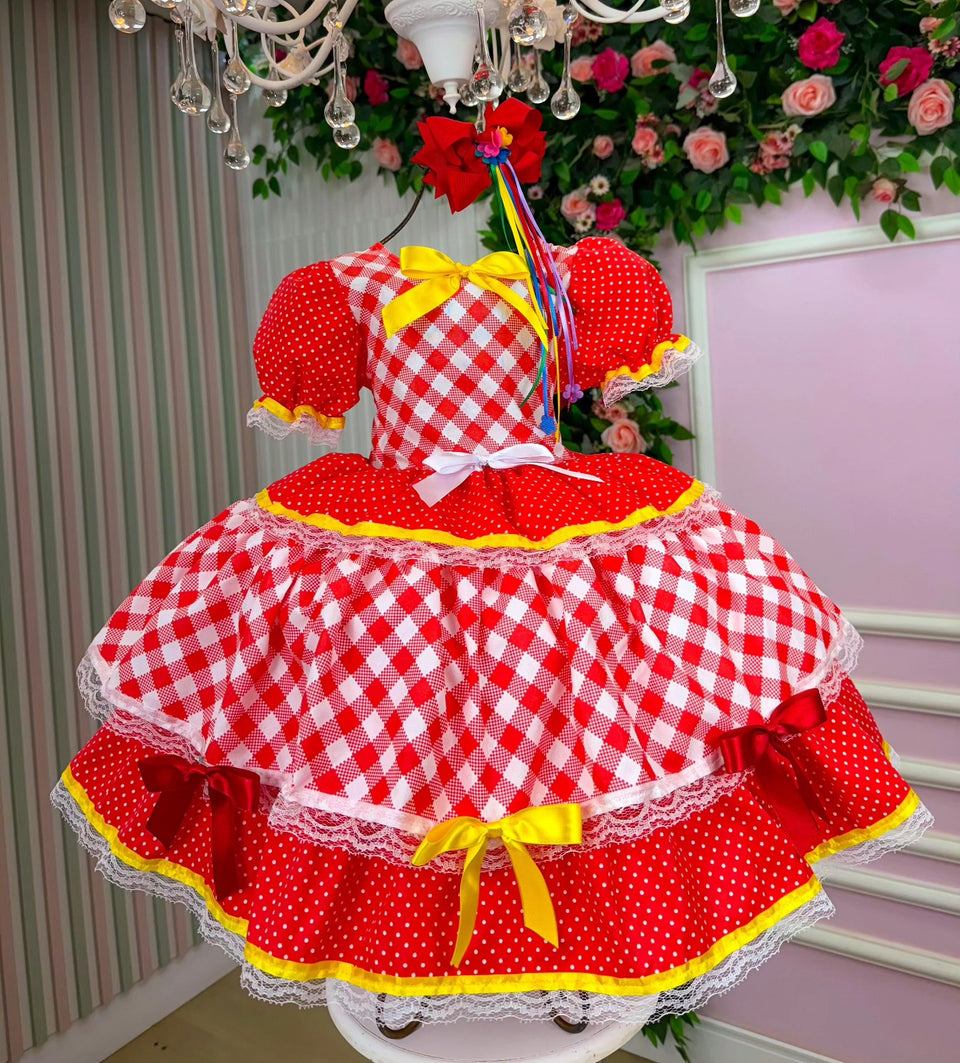 Vestido de Festa Junina Infantil Luxo Rosa com Tule e Fitinhas