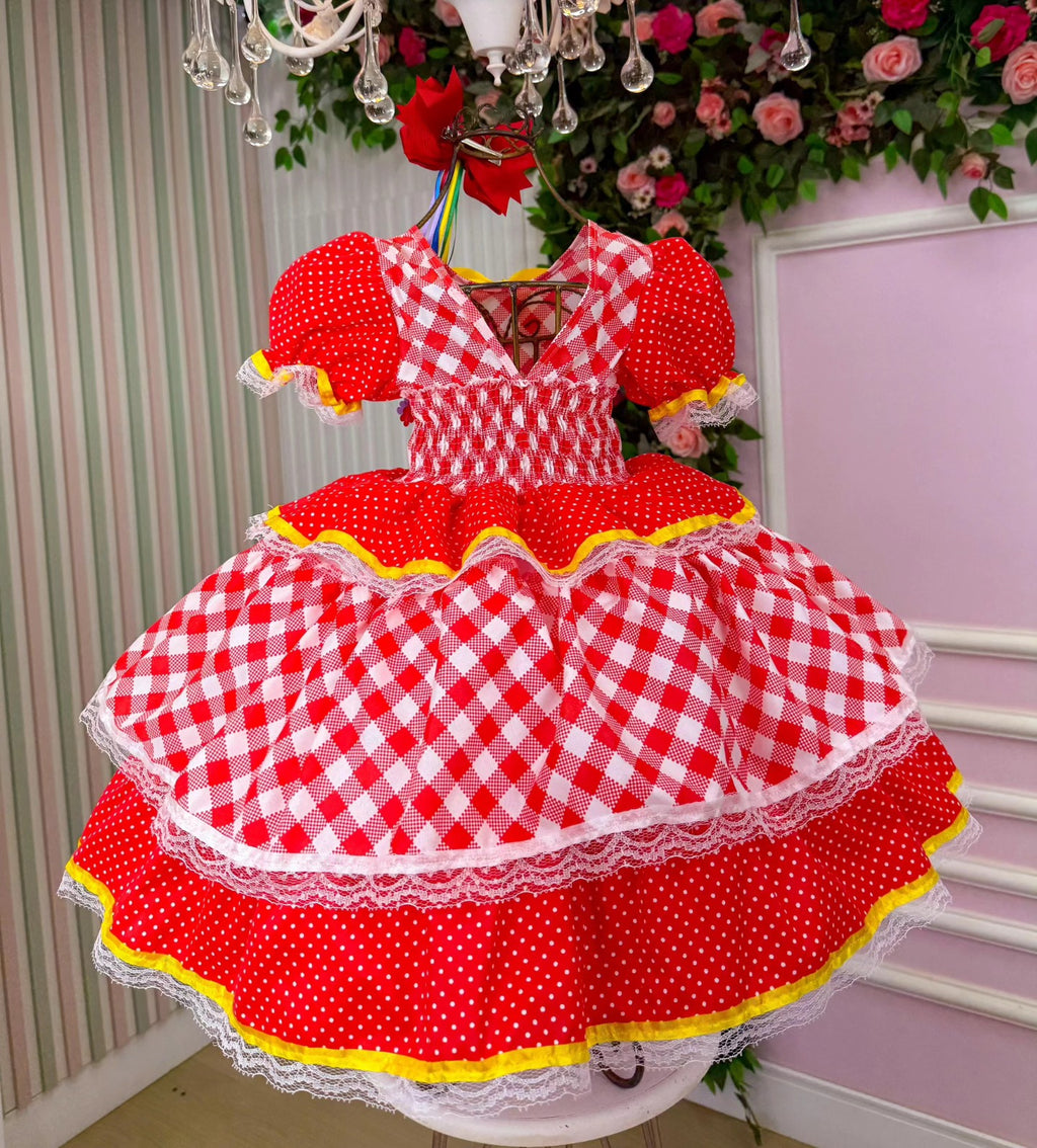 Vestido de Festa Junina Infantil Luxo Rosa com Tule e Fitinhas
