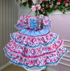 Vestido de Festa Junina Infantil Luxo Rosa com Tule e Fitinhas