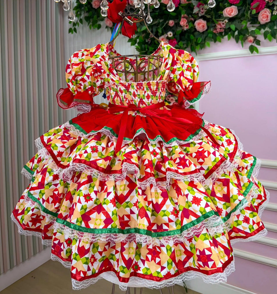 Vestido de Festa Junina Infantil Luxo Rosa com Tule e Fitinhas