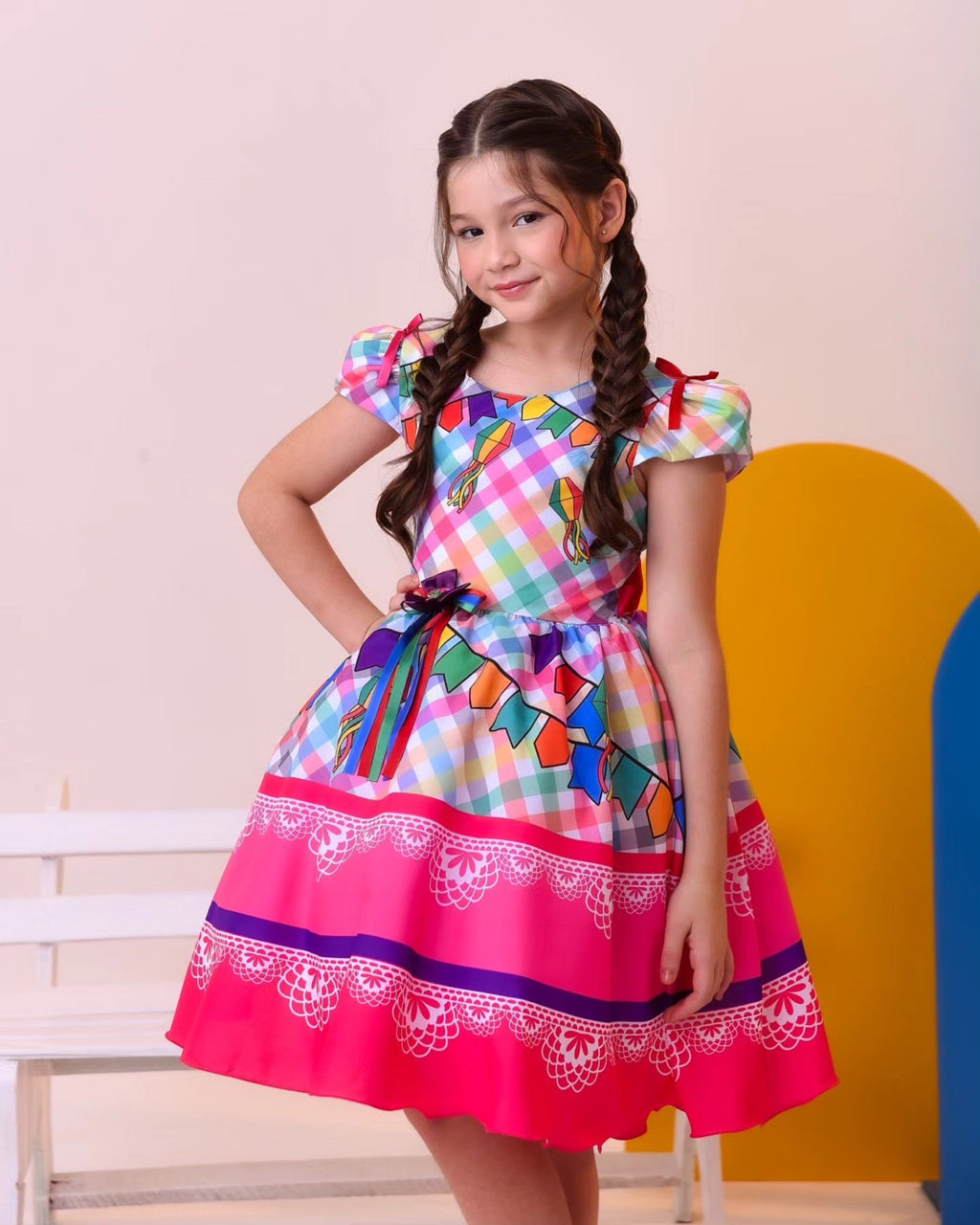 Vestido de Festa Junina Infantil Luxo Rosa com Tule e Fitinhas (Copy)