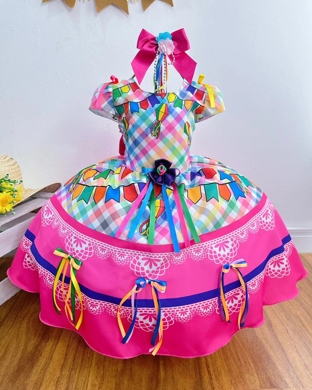Vestido de Festa Junina Infantil Luxo Rosa com Tule e Fitinhas (Copy)