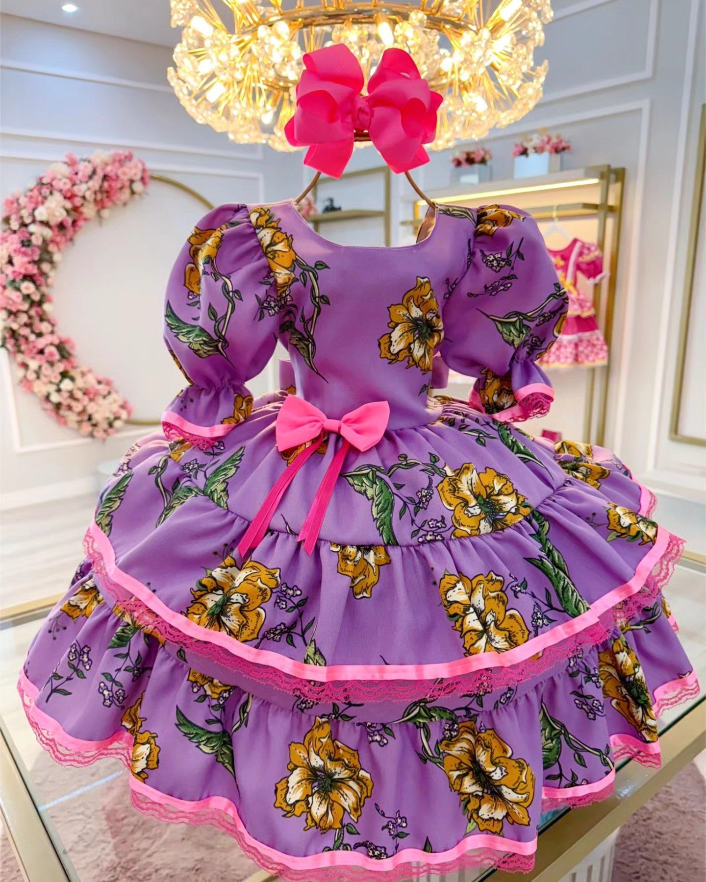 Vestido de Festa Junina Infantil Luxo Rosa com Tule e Fitinhas