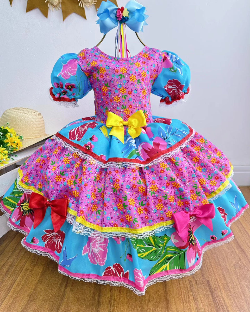 Vestido de Festa Junina Infantil Luxo Rosa com Tule e Fitinhas