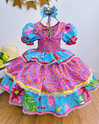 Vestido de Festa Junina Infantil Luxo Rosa com Tule e Fitinhas