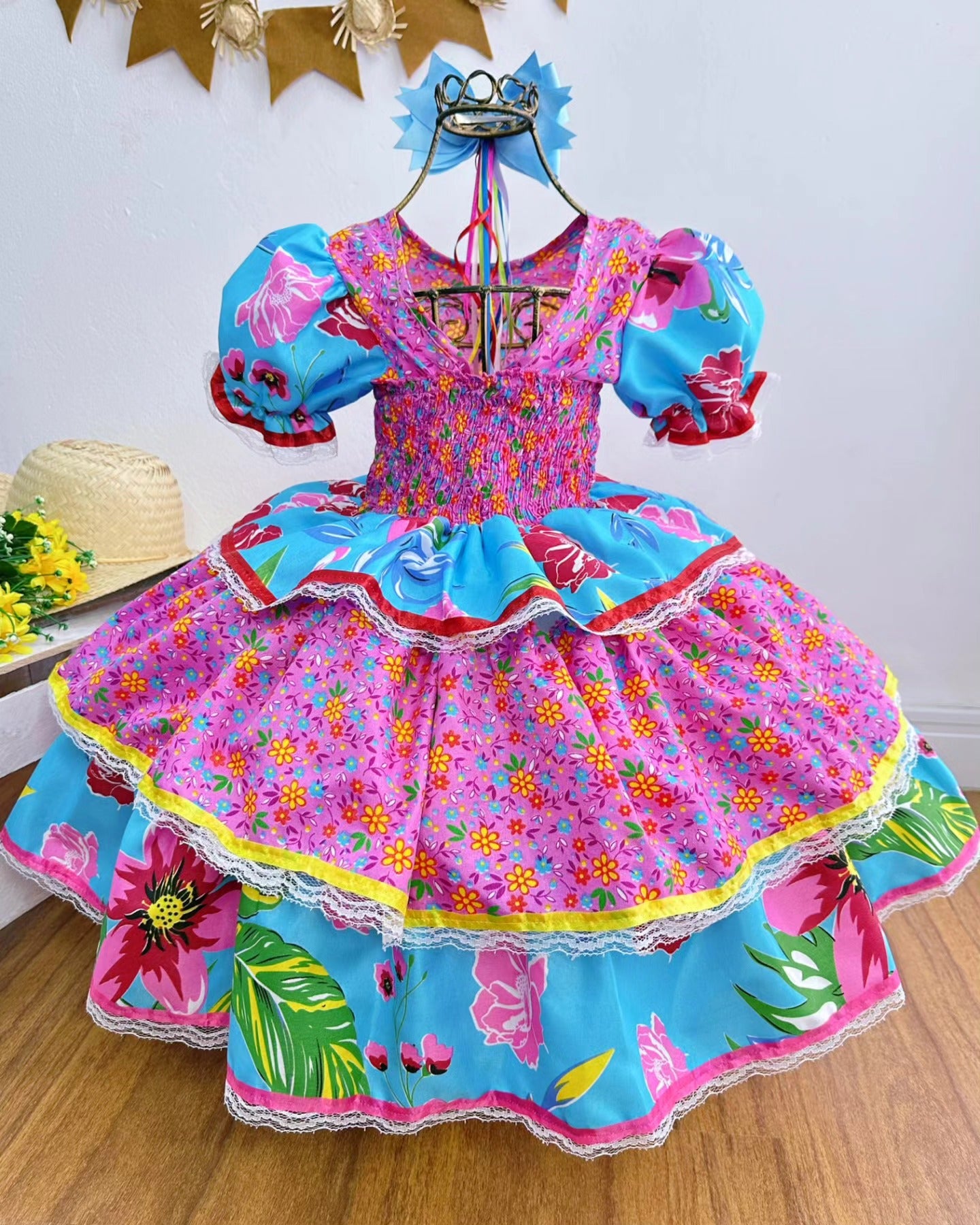 Vestido de Festa Junina Infantil Luxo Rosa com Tule e Fitinhas