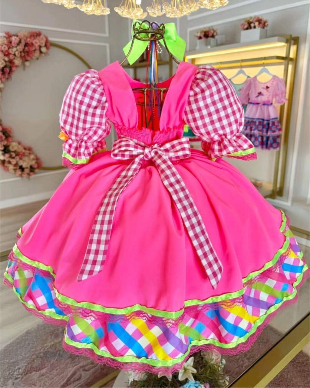 Vestido de Festa Junina Infantil Luxo Rosa com Tule e Fitinhas