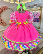 Vestido de Festa Junina Infantil Luxo Rosa com Tule e Fitinhas