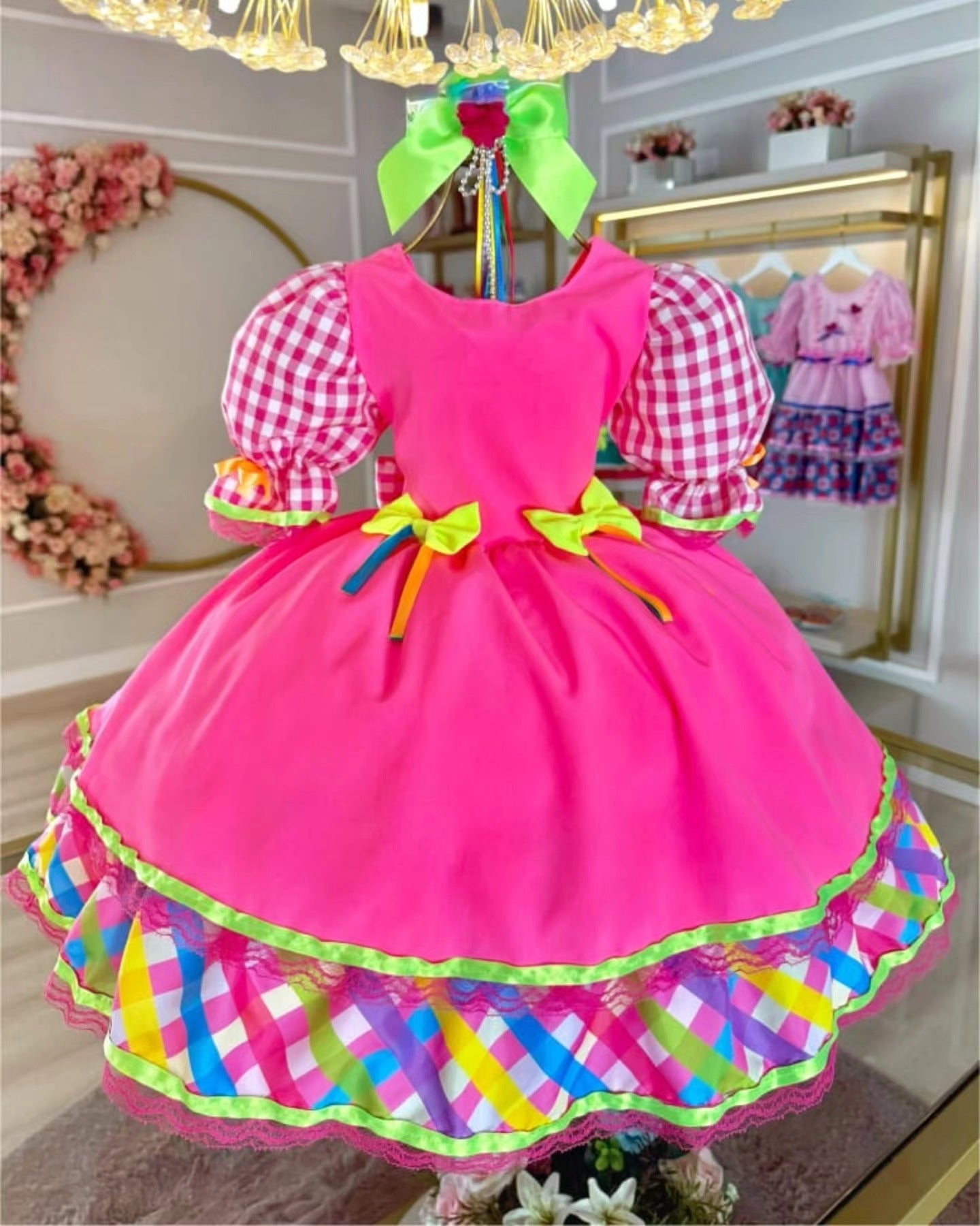 Vestido de Festa Junina Infantil Luxo Rosa com Tule e Fitinhas