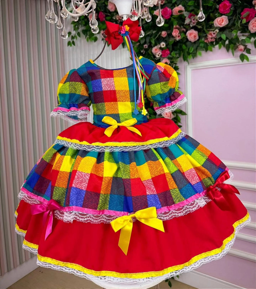 Vestido de Festa Junina Infantil Luxo Rosa com Tule e Fitinhas