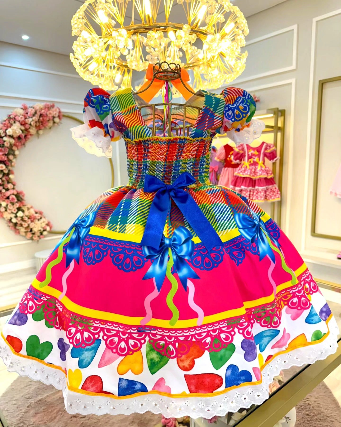 Vestido de Festa Junina Infantil Luxo Rosa com Tule e Fitinhas