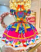 Vestido de Festa Junina Infantil Luxo Rosa com Tule e Fitinhas