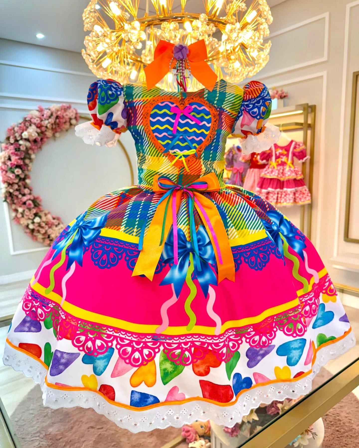 Vestido de Festa Junina Infantil Luxo Rosa com Tule e Fitinhas