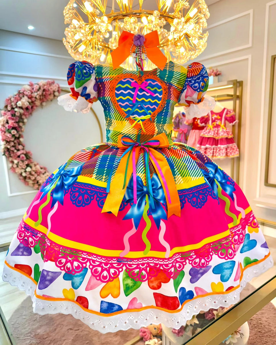 Vestido de Festa Junina Infantil Luxo Rosa com Tule e Fitinhas