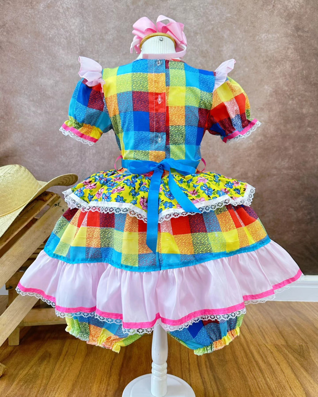 Vestido de Festa Junina Infantil Luxo Rosa com Tule e Fitinhas