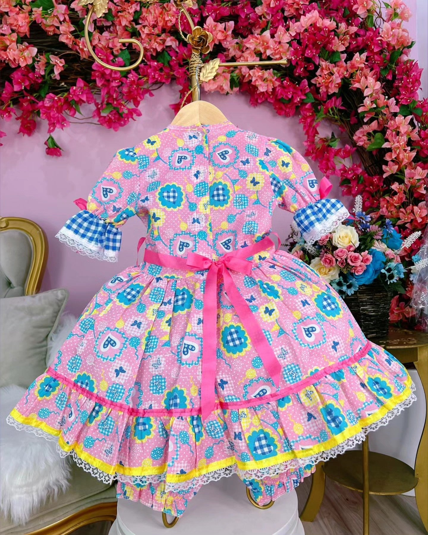 Vestido de Festa Junina Infantil Luxo Rosa com Tule e Fitinhas