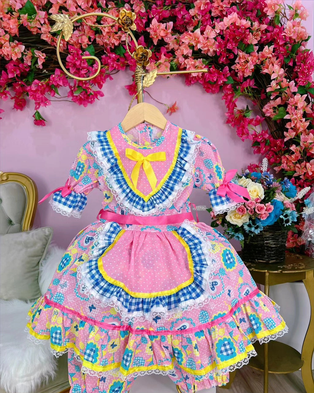 Vestido de Festa Junina Infantil Luxo Rosa com Tule e Fitinhas