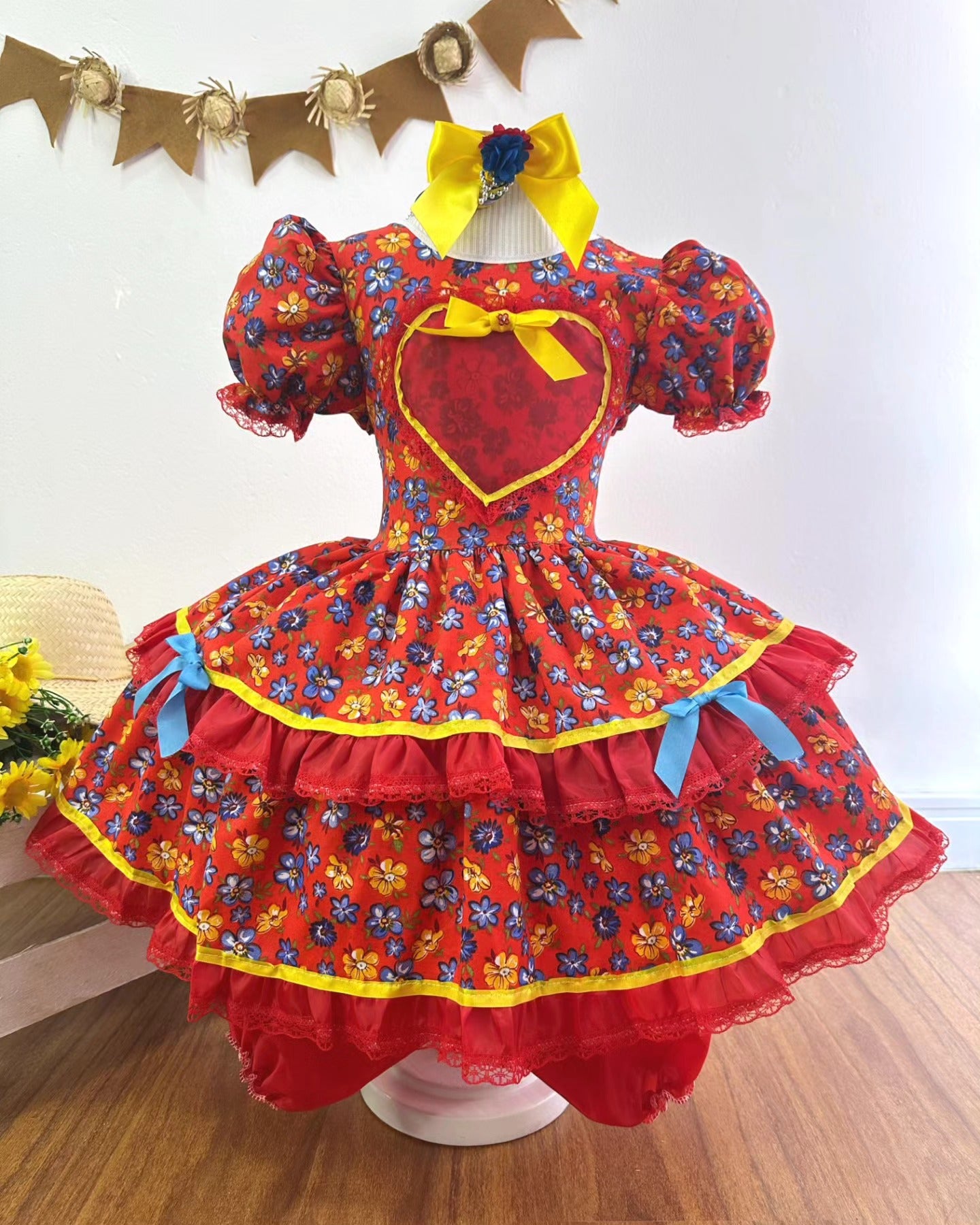 Vestido de Festa Junina Infantil Luxo Rosa com Tule e Fitinhas